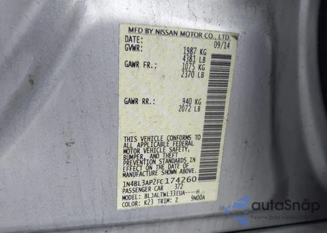 2015 Nissan Altima 3.5 Sl z USA, uszkodzony, nr VIN 1N4BL3AP2FC174260